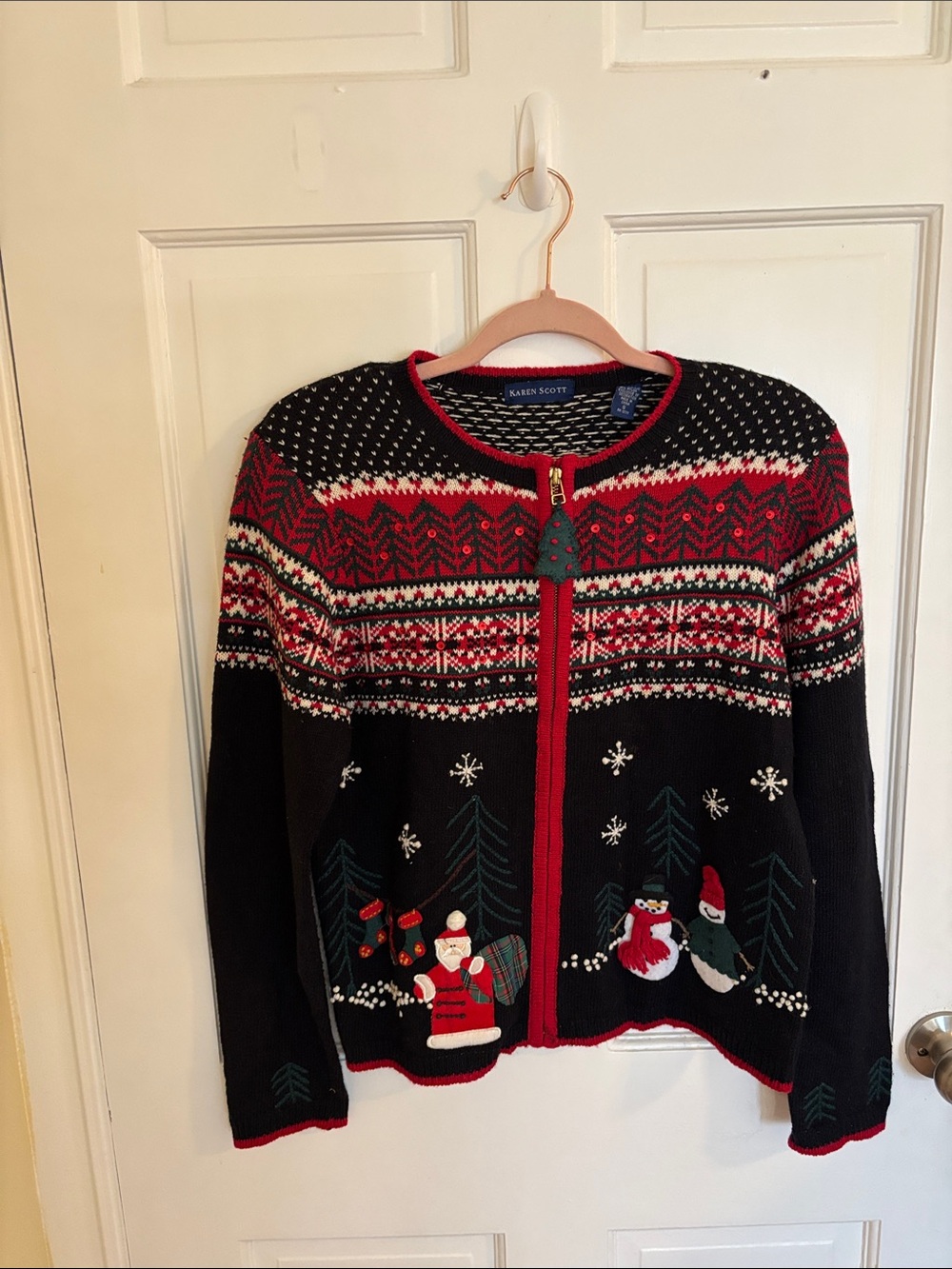 Karen Scott Black Holiday Zip Cardigan with Red Trim Size Small